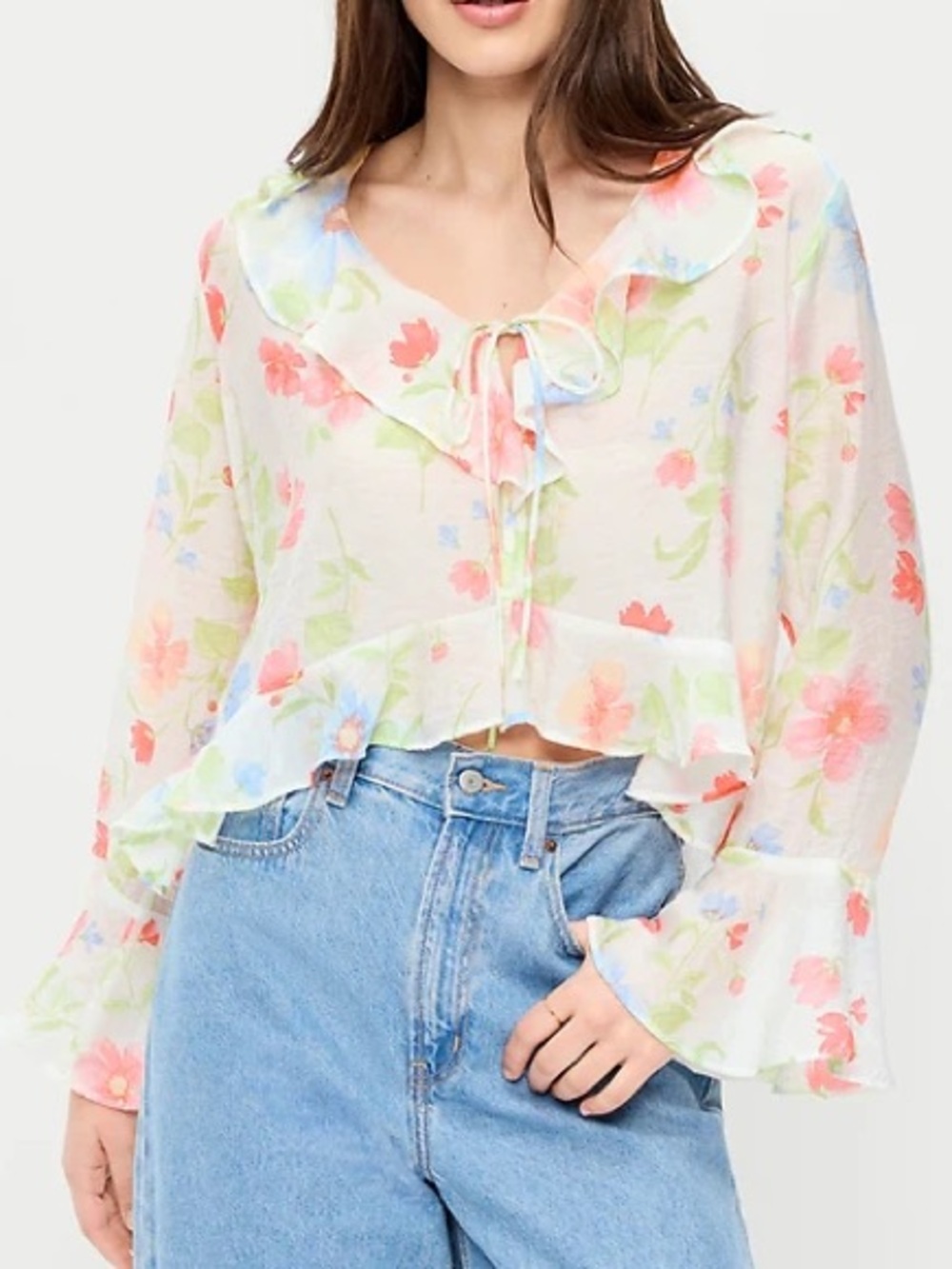 NWT Old Navy White Floral Ruffle Bell Sleeve Tie Front Blouse Large Tall